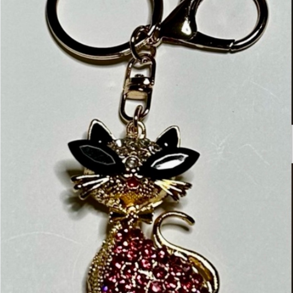 Gold Fancy Cat Keychain or Bag Charm with Red Rhinestones - Picture 2 of 3